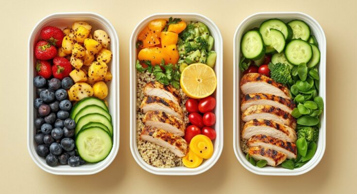 Meal Prep in Form von verschiedenen Lebensmitteln und Gerichten in drei Dosen.