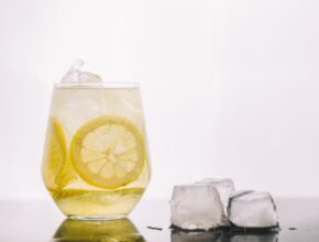 Zitronenwasser mit Zitronenscheiben in einem Glas, daneben Eiswürfel