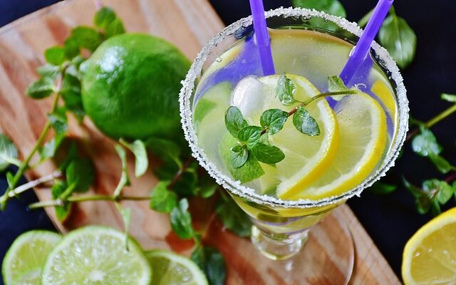 Ein Glas mit einem hellen Cocktail oder einer Limonade darin, zusammen mit Zitronenscheiben. Daneben liegen ein paar grüne Limetten.