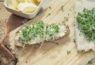Eine Scheibe Brot auf einem Holzbrett, beschmiert mit Butter und belegt mit Kresse. Daneben ein Schälchen Butter und rechts frische Kresse auf einem Tuch.